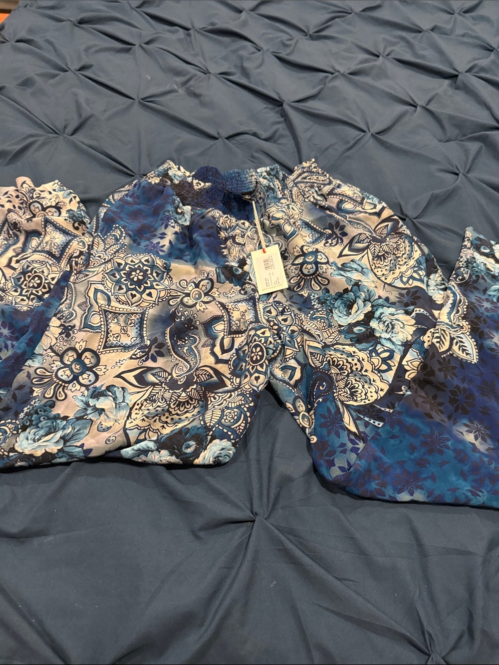 Johnny Was Blue Multi Paisley Floral Lounge Pants with Tassel Drawstring